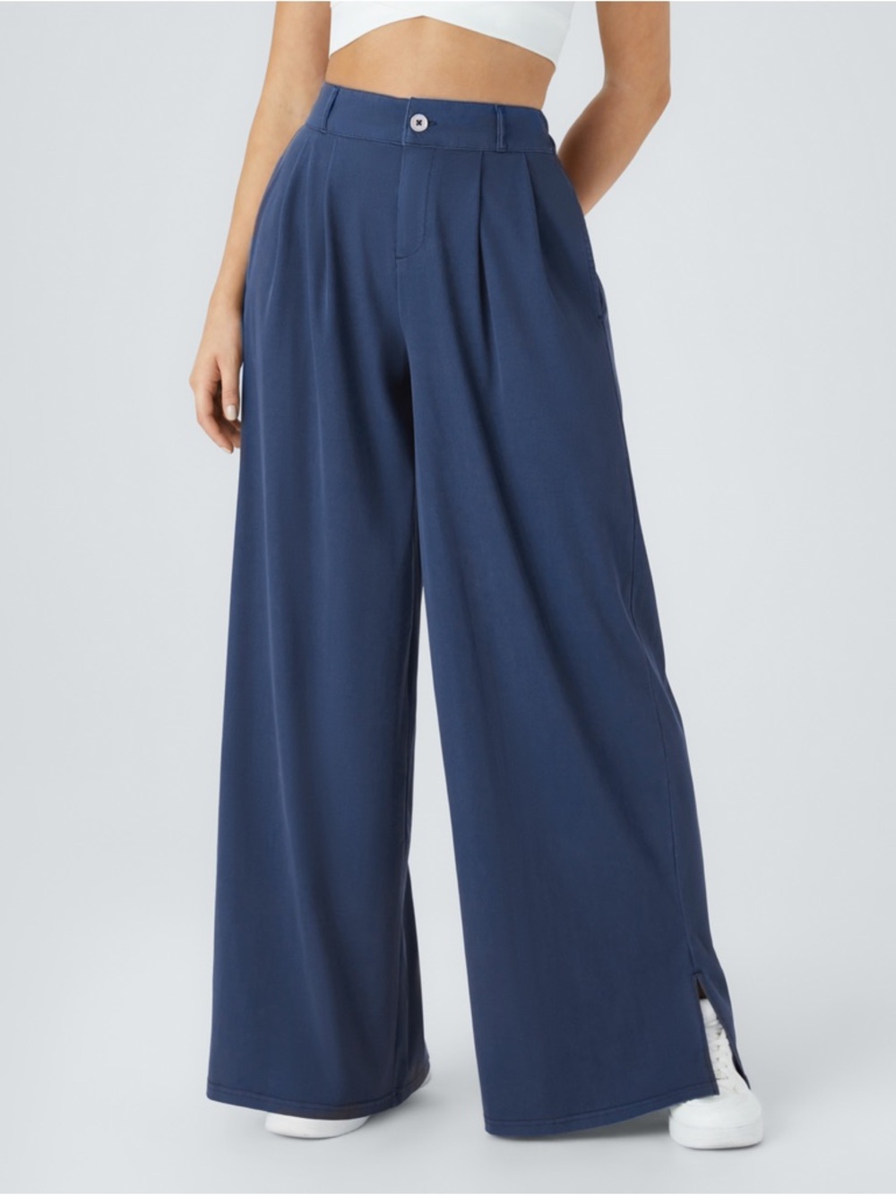Halara High Waisted Pleated Wide Leg Pants Small Regular Blue Stretch NWOT - Picture 3 of 7